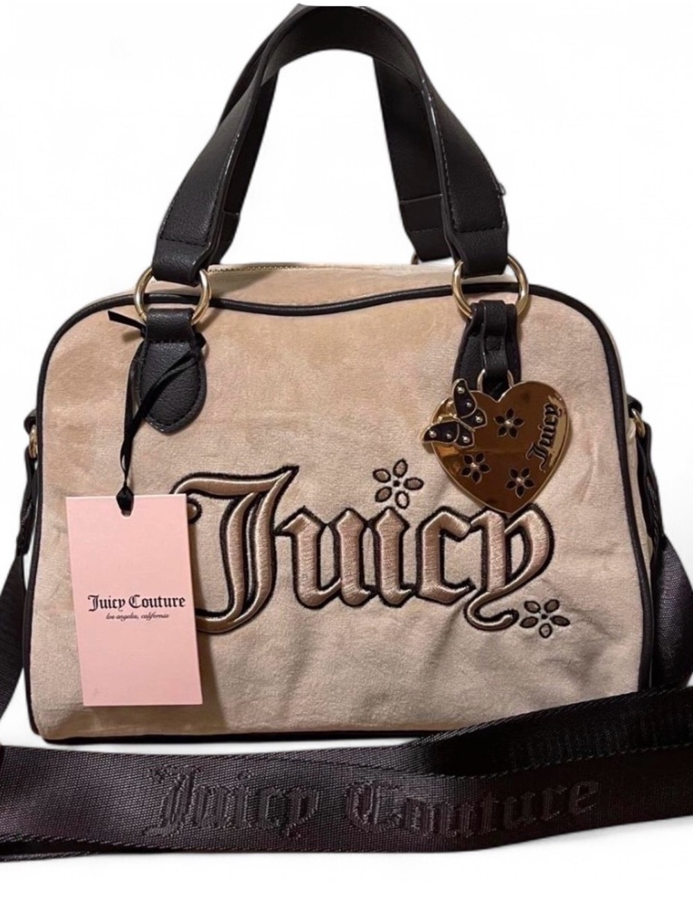 Juicy Couture Tan and Black Logo Satchel with Heart Charm